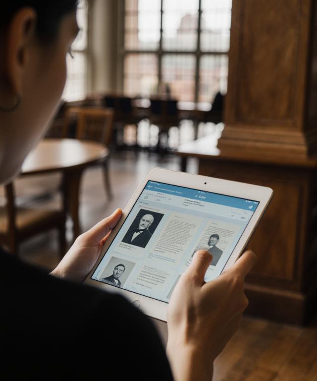 Persoon gebruikt tablet in een moderne bibliotheek met art deco elementen